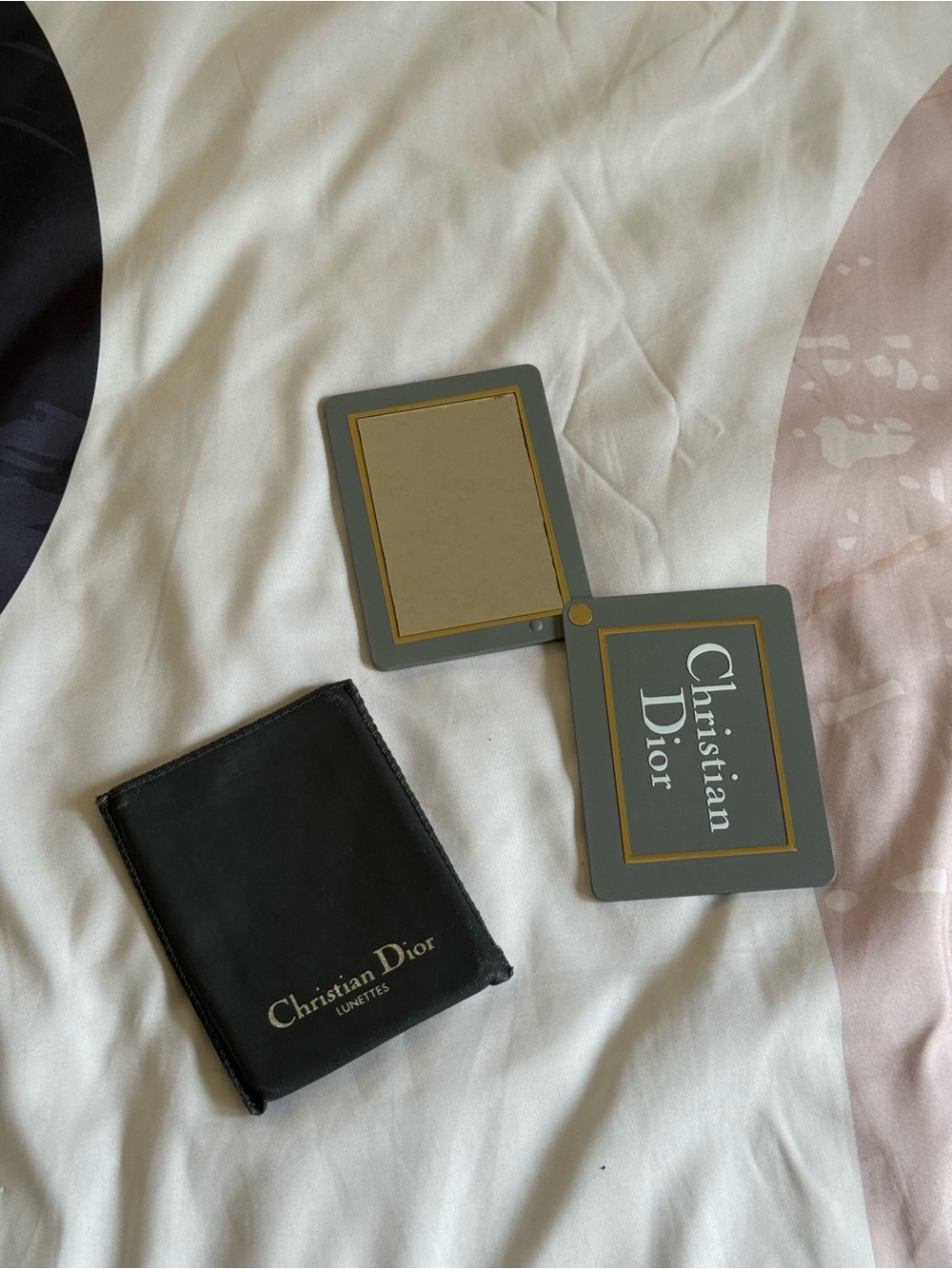 Dior Gray Compact Mirror with Gold Trim and Black Cardholder